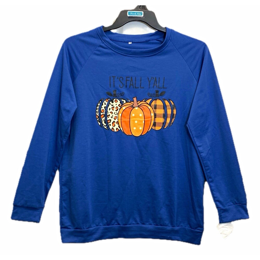 Womens Sweatshirt Top Size Lg Blue Crew Neck Long Sleeve Fall Pumpkin Graphic